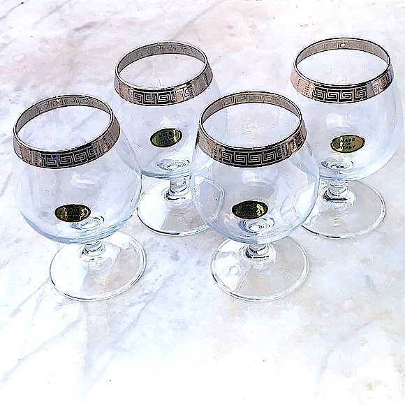 COLLECTION COGNAC GLASSES WITH GREEK SILVER RIM NIB 22 OZ SET OF 4 - Picture 1 of 9